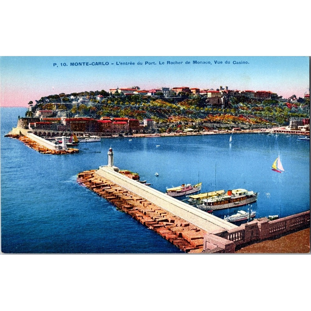 Vintage Monte-Carlo Port‎ View Monaco Casino Color Postcard 1945